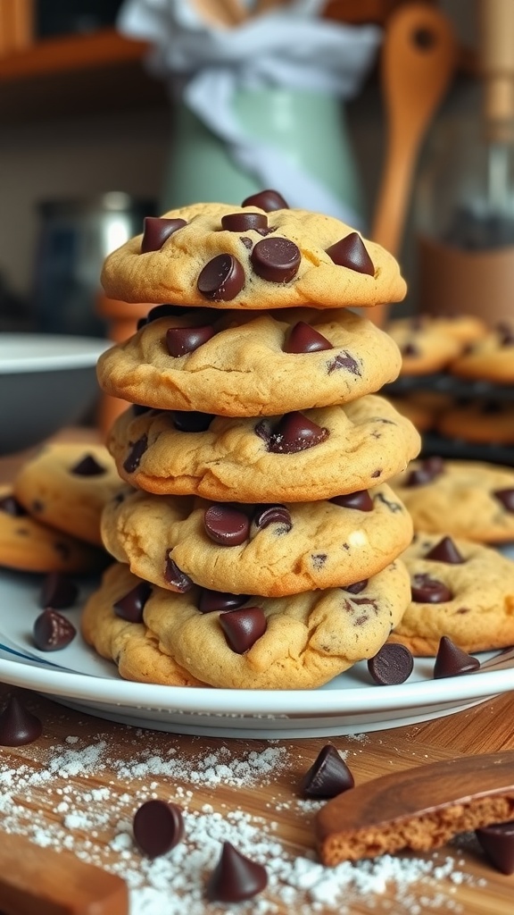 A stack of soft chocolate chip cookies on a plate, with melted chocolate chips and a warm kitchen ambiance.